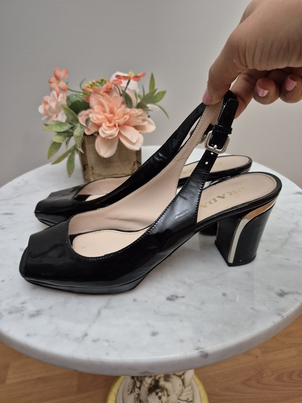 PRADA Black Patent Slingback Block Heel Pumps